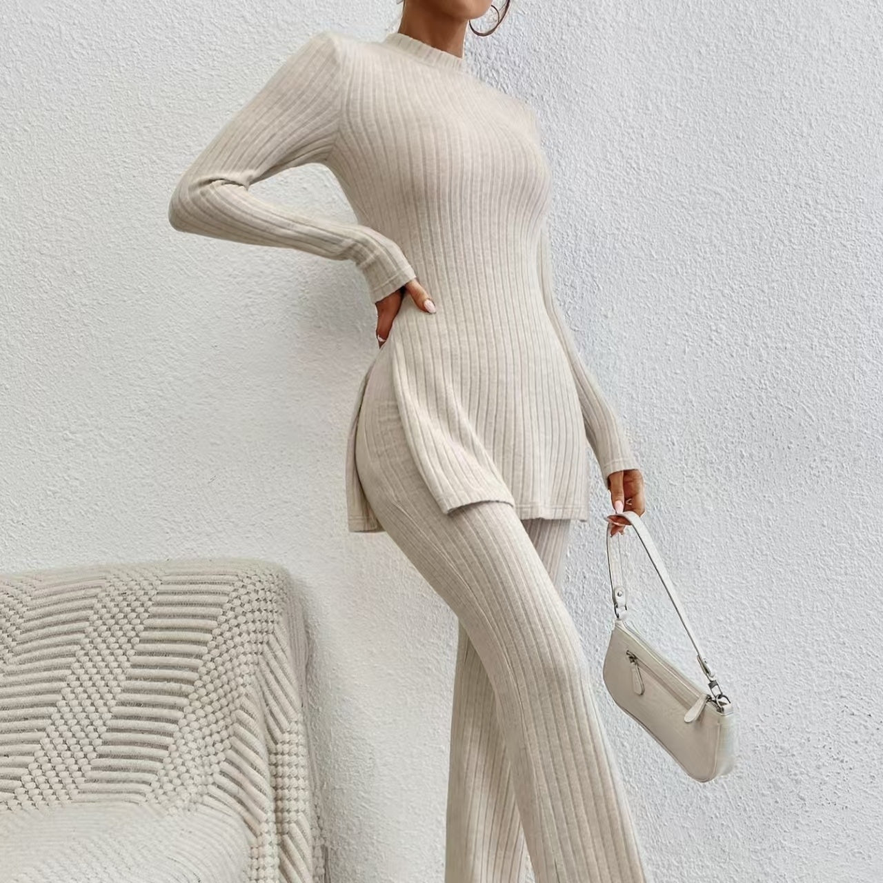 Women’s Ribbed V‑Neck Top & Pants Set FitiqueFit