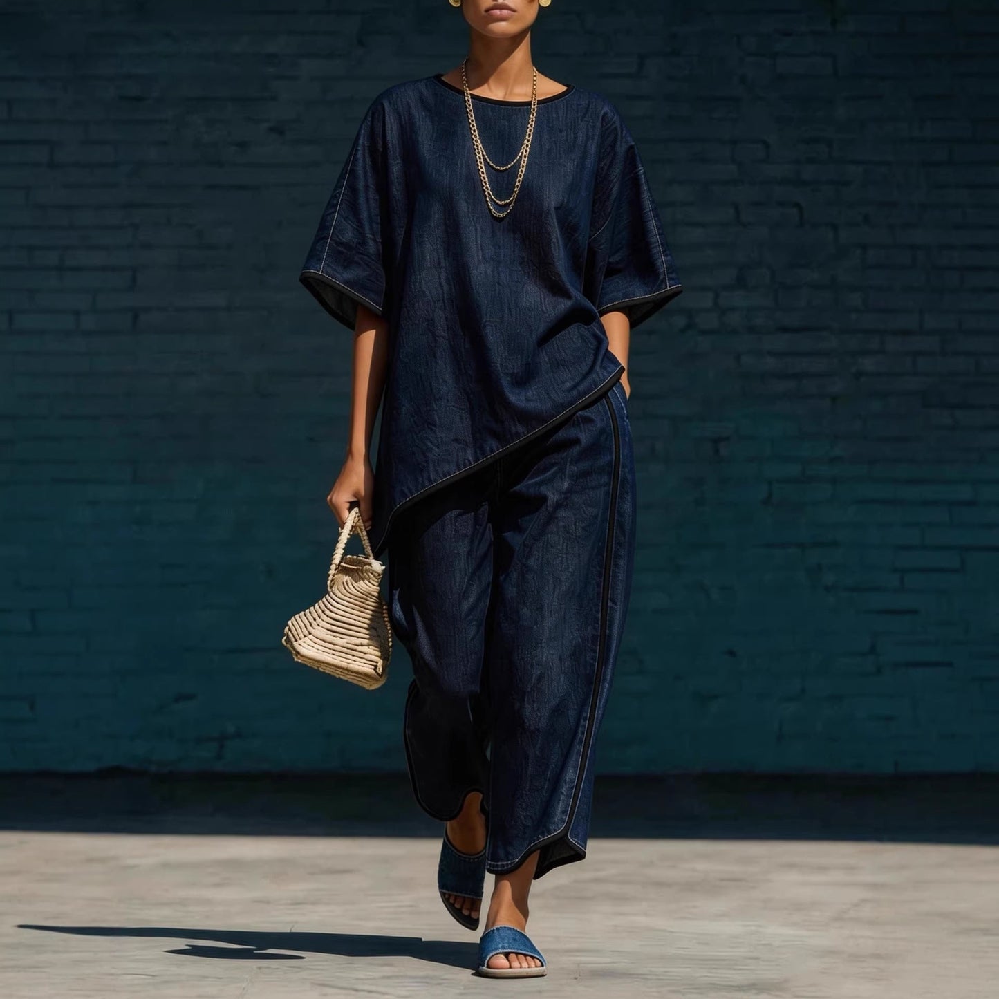 Women's Denim-Style Knit Top & Wide-Leg Pants Set – Casual 2-Piece FitiqueFit