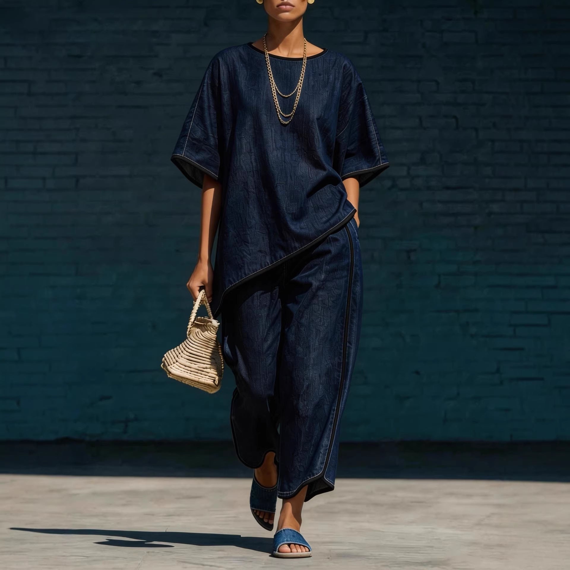 Women's Denim-Style Knit Top & Wide-Leg Pants Set – Casual 2-Piece FitiqueFit
