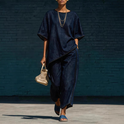 Women's Denim-Style Knit Top & Wide-Leg Pants Set – Casual 2-Piece FitiqueFit