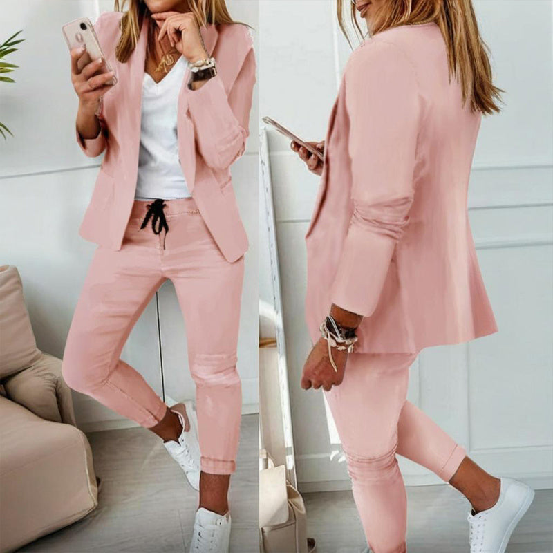 Women’s Notch-Lapel Blazer & Drawstring Pants Suit Set FitiqueFit