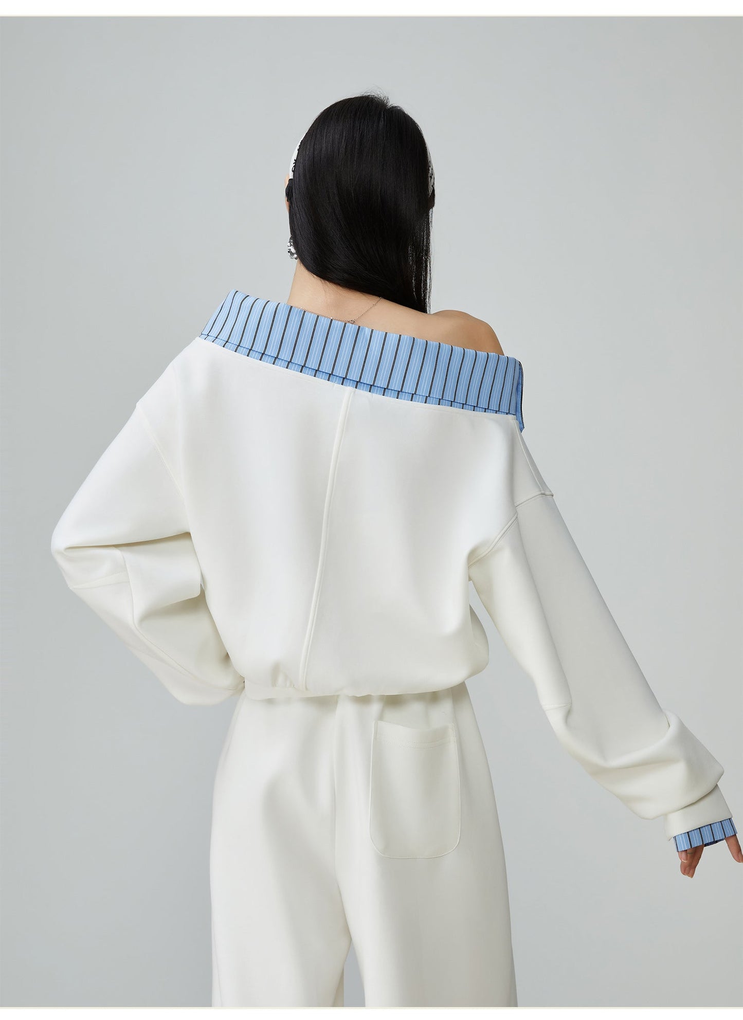 Two Piece Set Of Blue And White Striped Collared Sloping Shoulder Hoodie And Wide Leg Pants See size chart under “more details” The Fashion Celestial