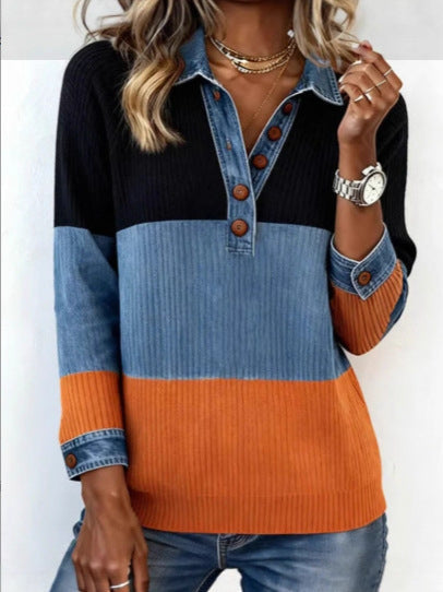 Contrast Color Button-Detail Pullover Knit Top – Women’s Elegant Commuter FitiqueFit
