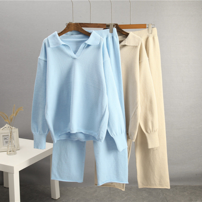 Solid Color Lapel Sweater Set for Women FitiqueFit