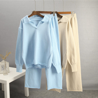 Solid Color Lapel Sweater Set for Women FitiqueFit