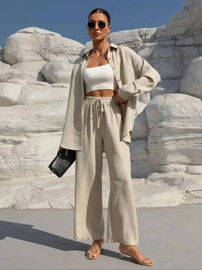 Women'S Solid Collared Button Front Shirt & Tie Front Wide Leg Pants Two-Piece Set, Casual Drop Shoulder Long Sleeve Fitted Top & High Waist Trousers for Spring & Fall, Linen Set, Loose Pant Sets, Casual Matching Sets, Womenswear