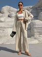 Women'S Solid Collared Button Front Shirt & Tie Front Wide Leg Pants Two-Piece Set, Casual Drop Shoulder Long Sleeve Fitted Top & High Waist Trousers for Spring & Fall, Linen Set, Loose Pant Sets, Casual Matching Sets, Womenswear