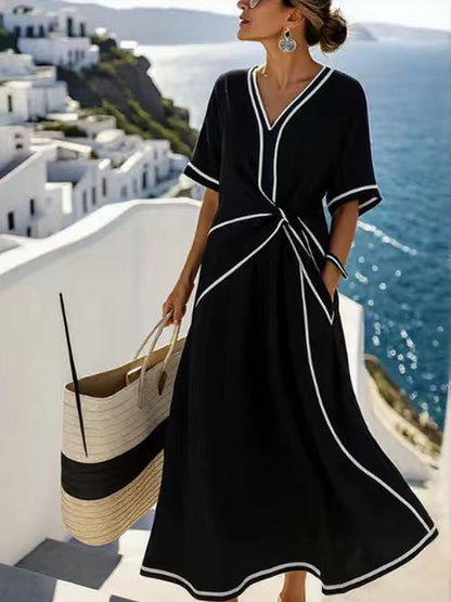 Striped Print Maxi Dress – Short Sleeve Beach Vacation Dress FitiqueFit