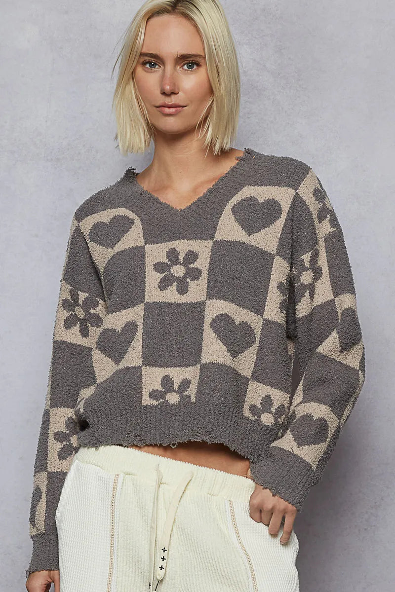POL V-Neck Heart Pattern Checkered Sweater West2East Surf