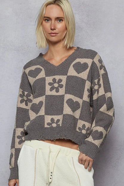 POL V-Neck Heart Pattern Checkered Sweater West2East Surf