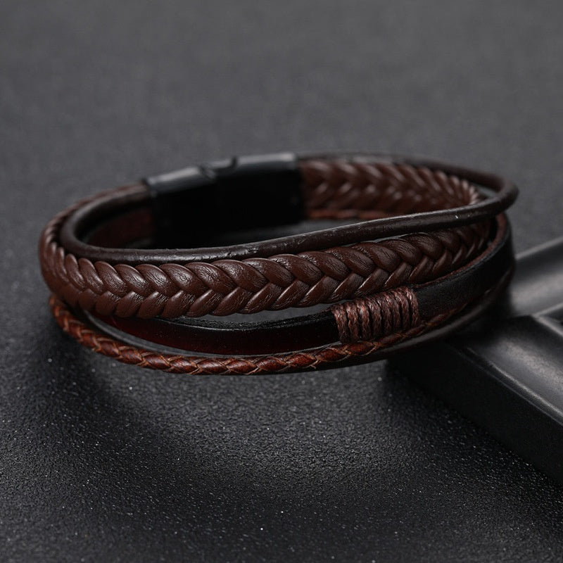 [Stylish Leather Bracelet] Stylish Durable 1pc Men's Hand-Woven Multi-Layer Leather Bracelet | with Buckle Closure, Versatile Accessory for Casual or Formal Wear NovaCart