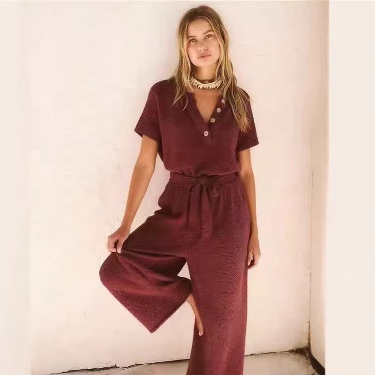 Women's Loose V-Neck Lace-Up Jumpsuit – Wide-Leg Pocket One-Piece FitiqueFit