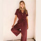 Women's Loose V-Neck Lace-Up Jumpsuit – Wide-Leg Pocket One-Piece FitiqueFit