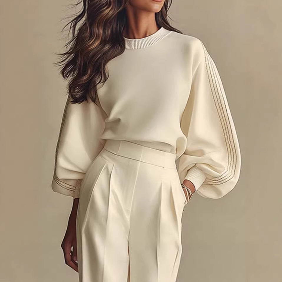 Women’s Round Neck Sweatshirt & Pants Set – Casual Long Sleeve Two-Piece Outfit FitiqueFit