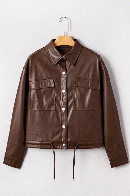 Leather Drawstring Hem Pocketed Jacket See size chart under “more details” The Fashion Celestial
