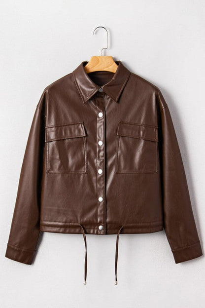 Leather Drawstring Hem Pocketed Jacket See size chart under “more details” The Fashion Celestial