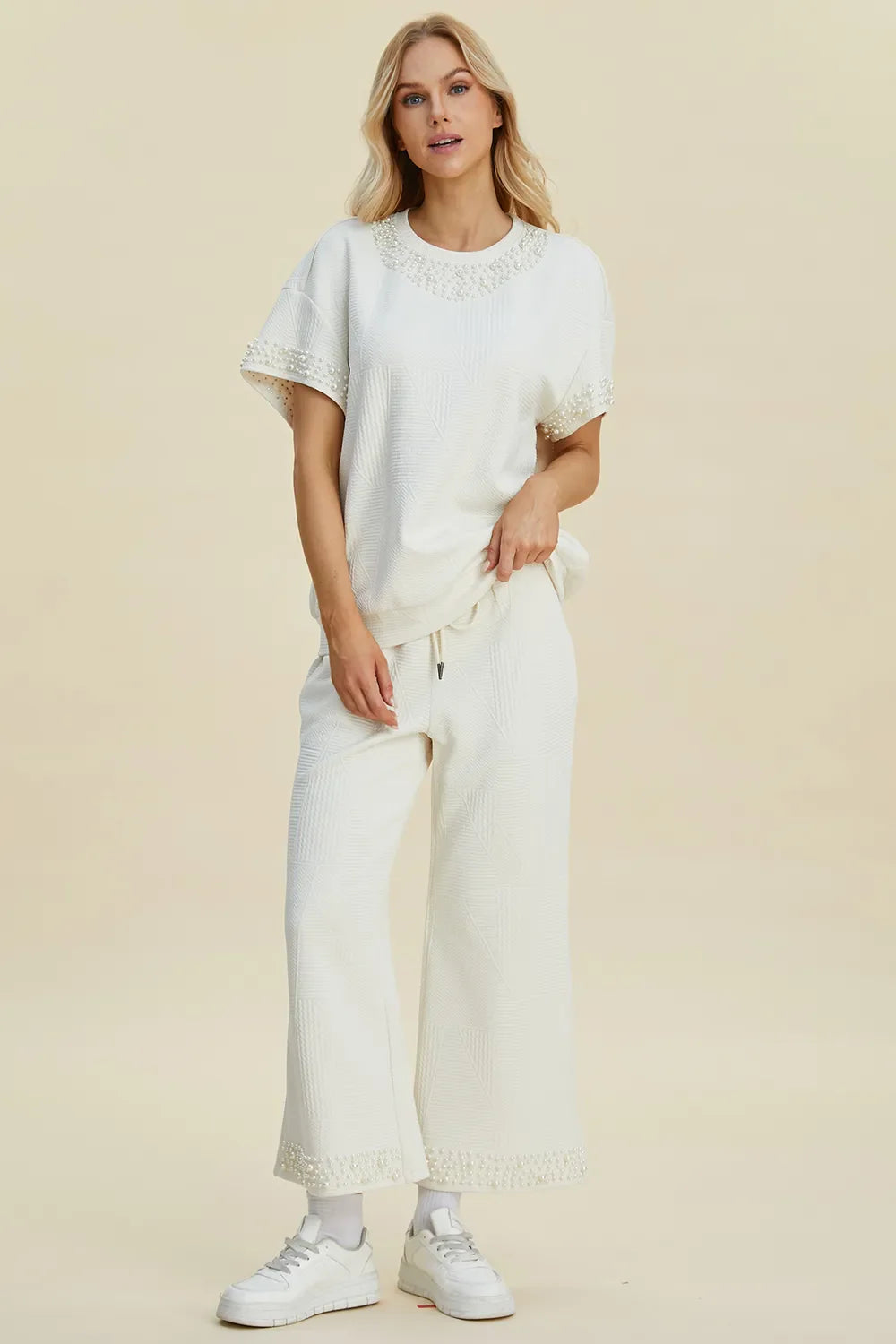 Double Take Full Size Pearl Detail Round Neck Top and Pants Set West2East Surf