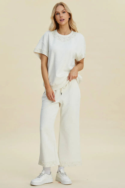 Double Take Full Size Pearl Detail Round Neck Top and Pants Set West2East Surf