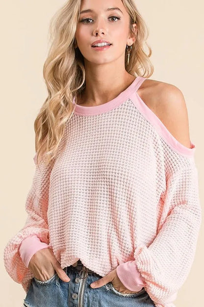 BiBi Popcorn Waffle Top with Cold Shoulder Detail See size chart under “more details” The Fashion Celestial