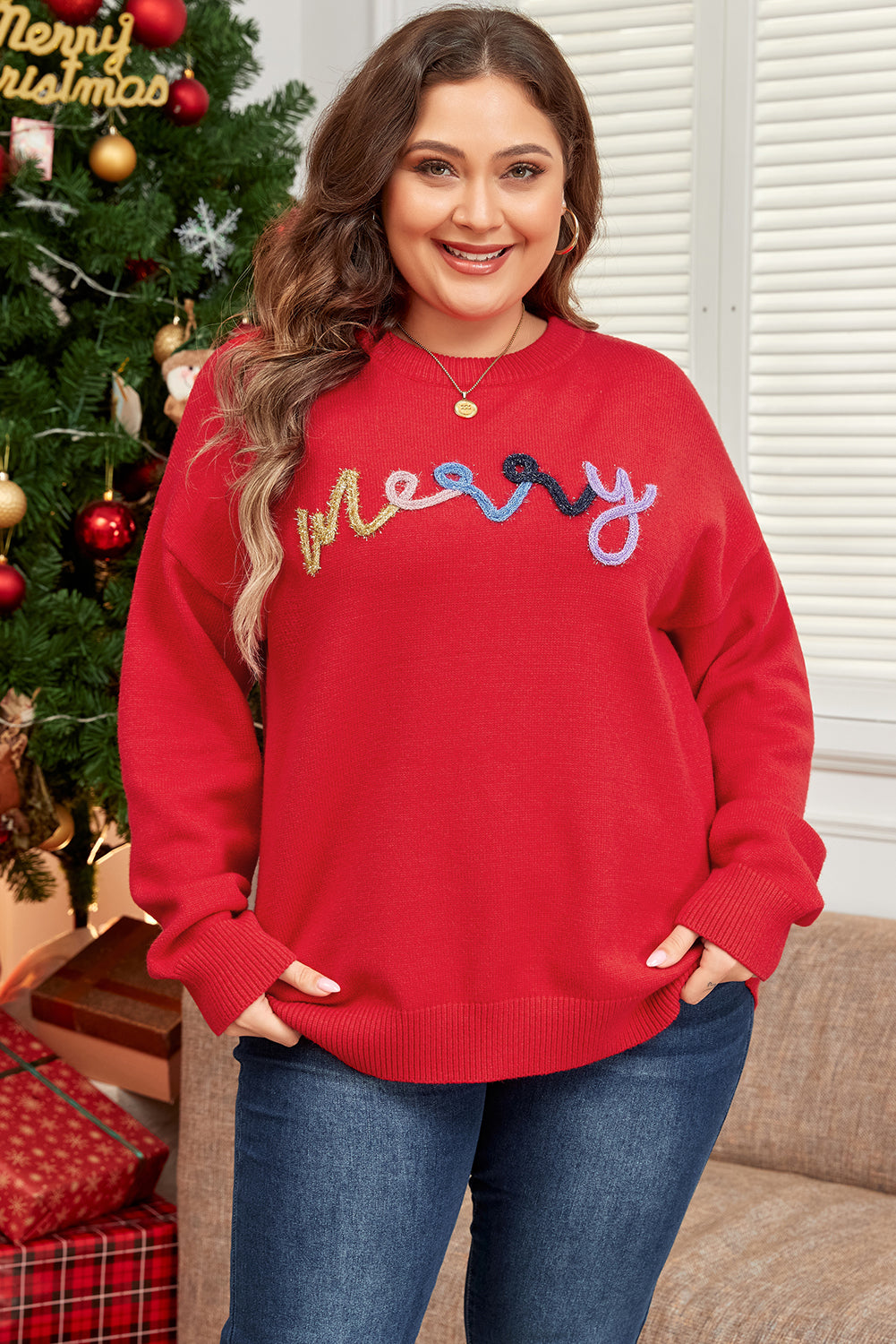 Fiery Red Tinsel merry Pattern Drop Shoulder Plus Size Sweater Garden Naked Curves