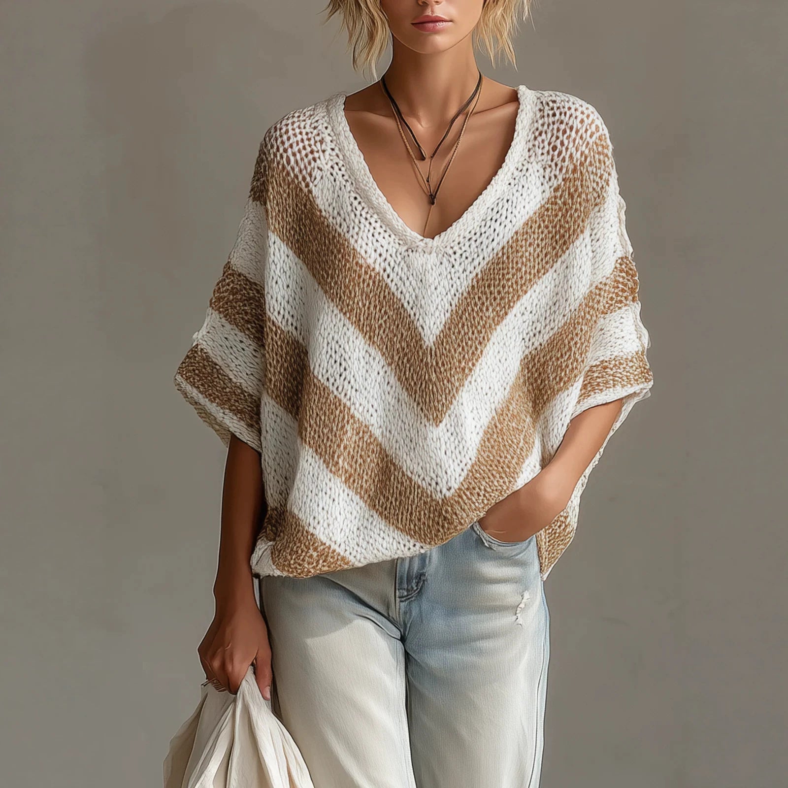 Women's V-Neck Knit Sweater – Loose Fit, Drop Shoulder, 3/4 Sleeve FitiqueFit
