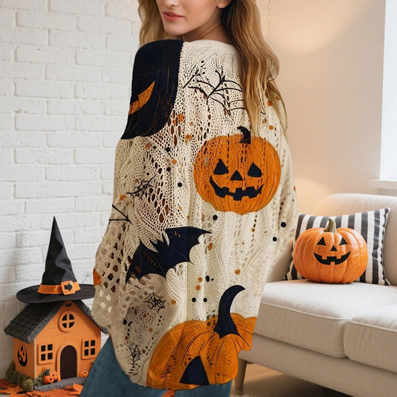 Women’s Hollow Out Batwing Top – Halloween Pumpkin Print Blouse FitiqueFit