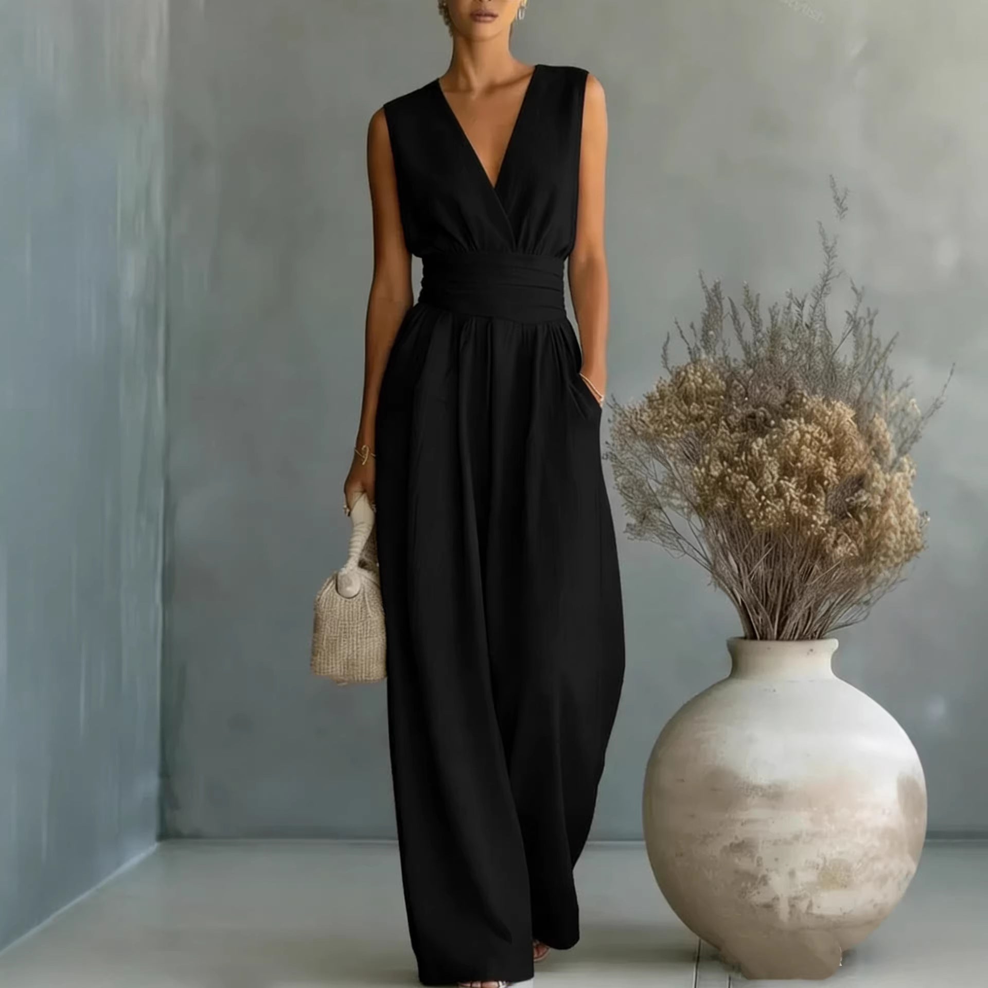 Women's Elegant V-Neck Sleeveless Jumpsuit – Waist-Cinching Straight Leg FitiqueFit