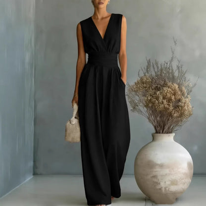 Women's Elegant V-Neck Sleeveless Jumpsuit – Waist-Cinching Straight Leg FitiqueFit