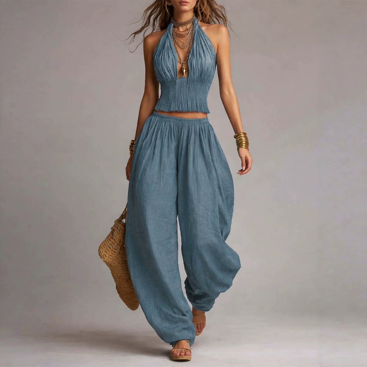 Women's Sleeveless Backless Halter Top & Wide-Leg Pants Set FitiqueFit