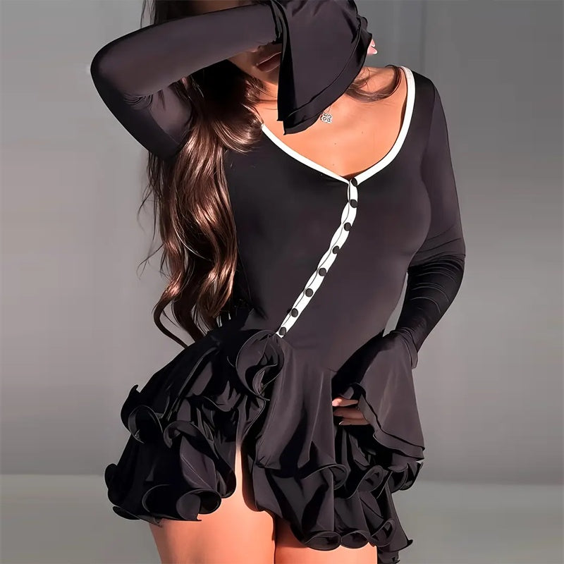 Deep V-Neck Ruffle-Hem Flared-Sleeve Mini Dress — Button-Front Bodycon FitiqueFit