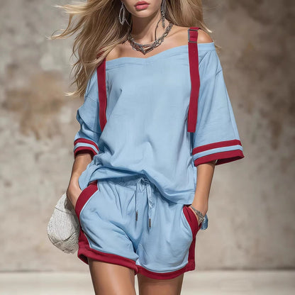 Women's Summer Contrast Color-Block Patchwork Shorts Set – 2-Piece FitiqueFit