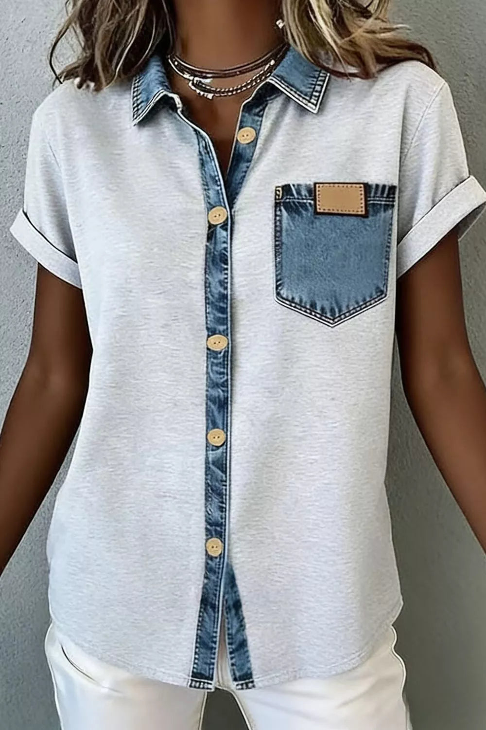 Denim Trim Button-Down Shirt New Era Fashion LLc