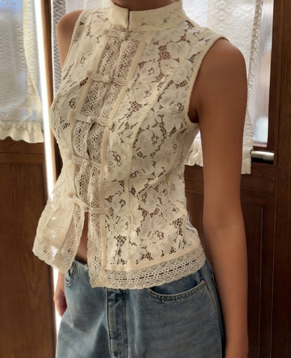 Lace Crochet Stand Collar Slim-Fit Sleeveless Top – 3 Colors, S–L FitiqueFit