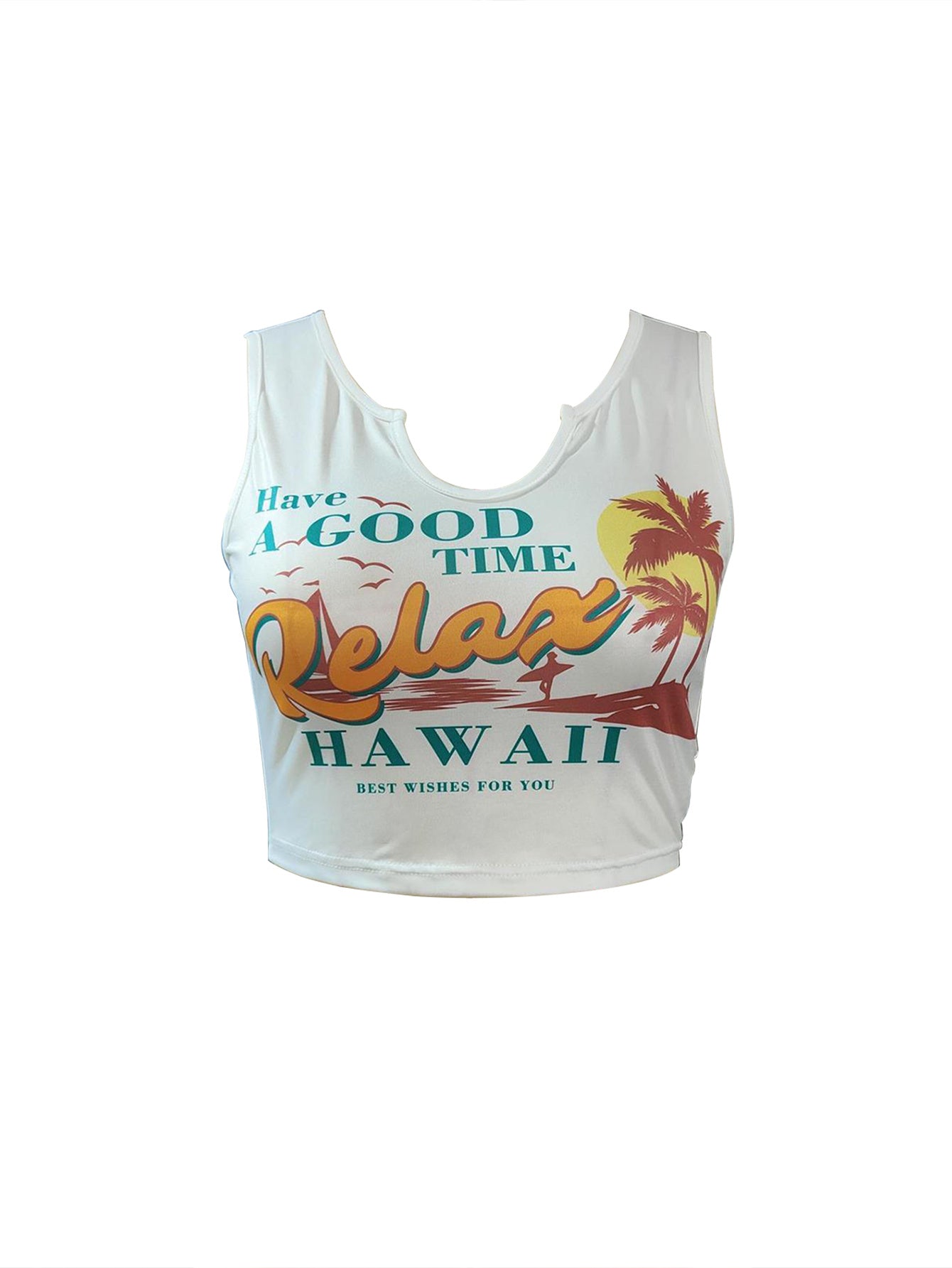Coconut Tree Print Holiday Tank Top, Irregular Bare Midriff Round Neck Mature Tank Top, Women's Clothing NovaCart