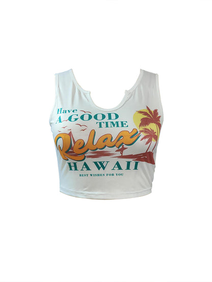 Coconut Tree Print Holiday Tank Top, Irregular Bare Midriff Round Neck Mature Tank Top, Women's Clothing NovaCart