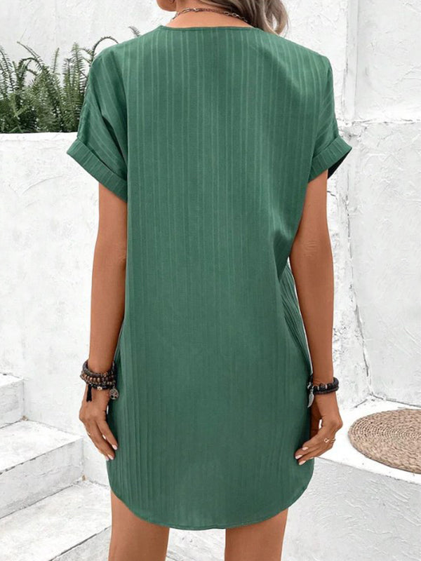 Button-Front V-Neck Dress – Short Sleeve Solid Casual Shirt Dress FitiqueFit