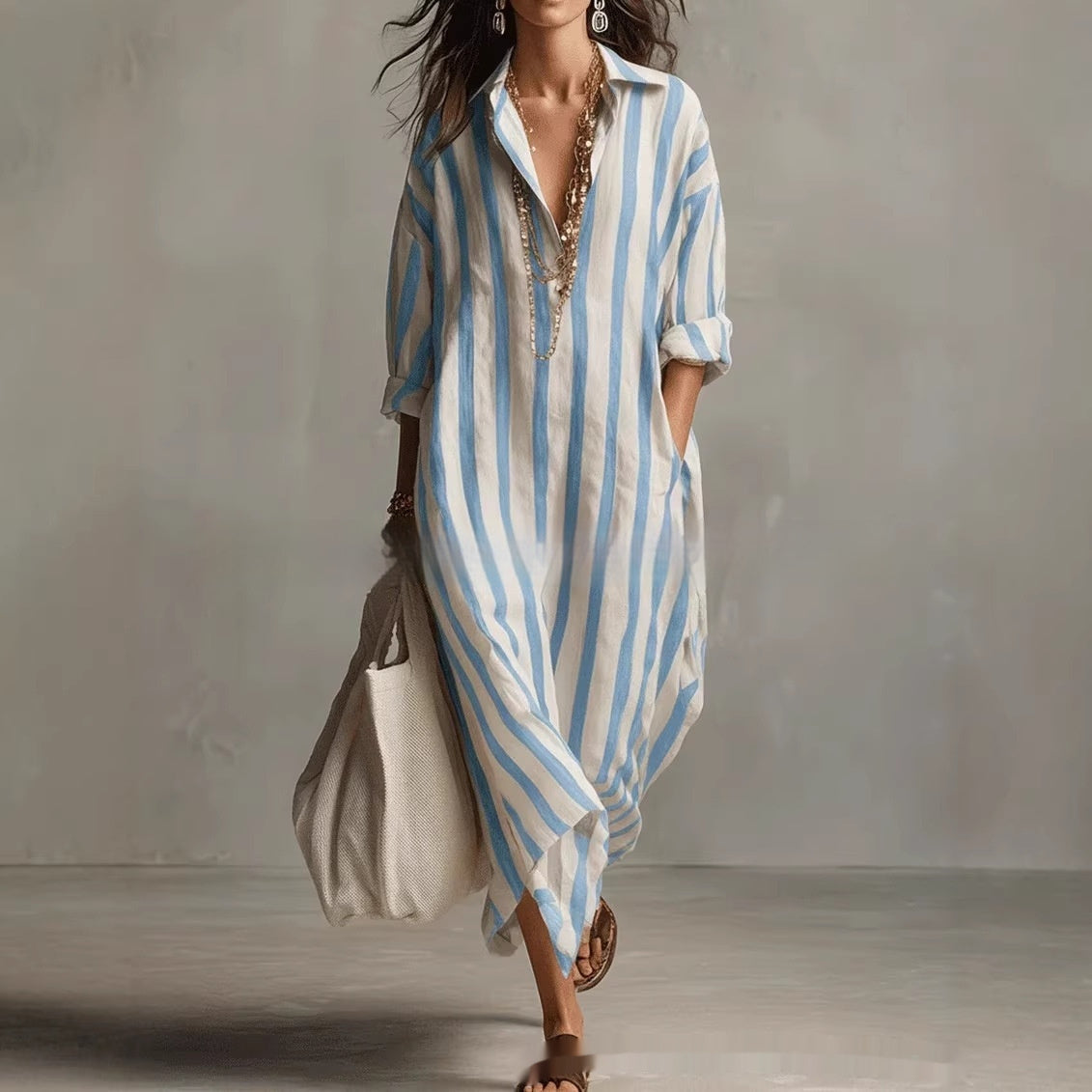 Striped Lapel Collar Dress – Side Slits & Pockets FitiqueFit