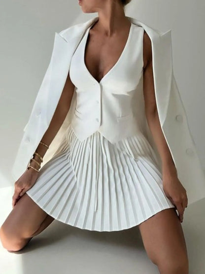 Button Up Vest and Pleated Mini Skirt Set See size chart under “more details” The Fashion Celestial