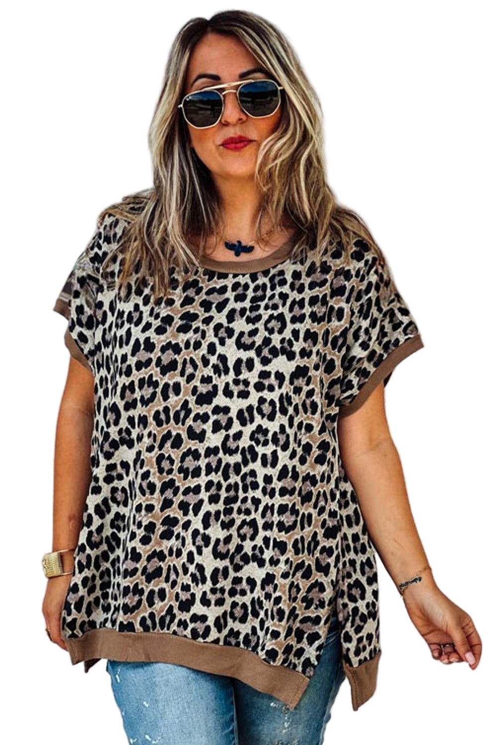 Khaki Leopard Contrast Trim Short Sleeve Loose Plus Size Top Garden Naked Curves