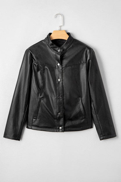 Faux Leather Button-Front Boxy Jacket See size chart under “more details” The Fashion Celestial