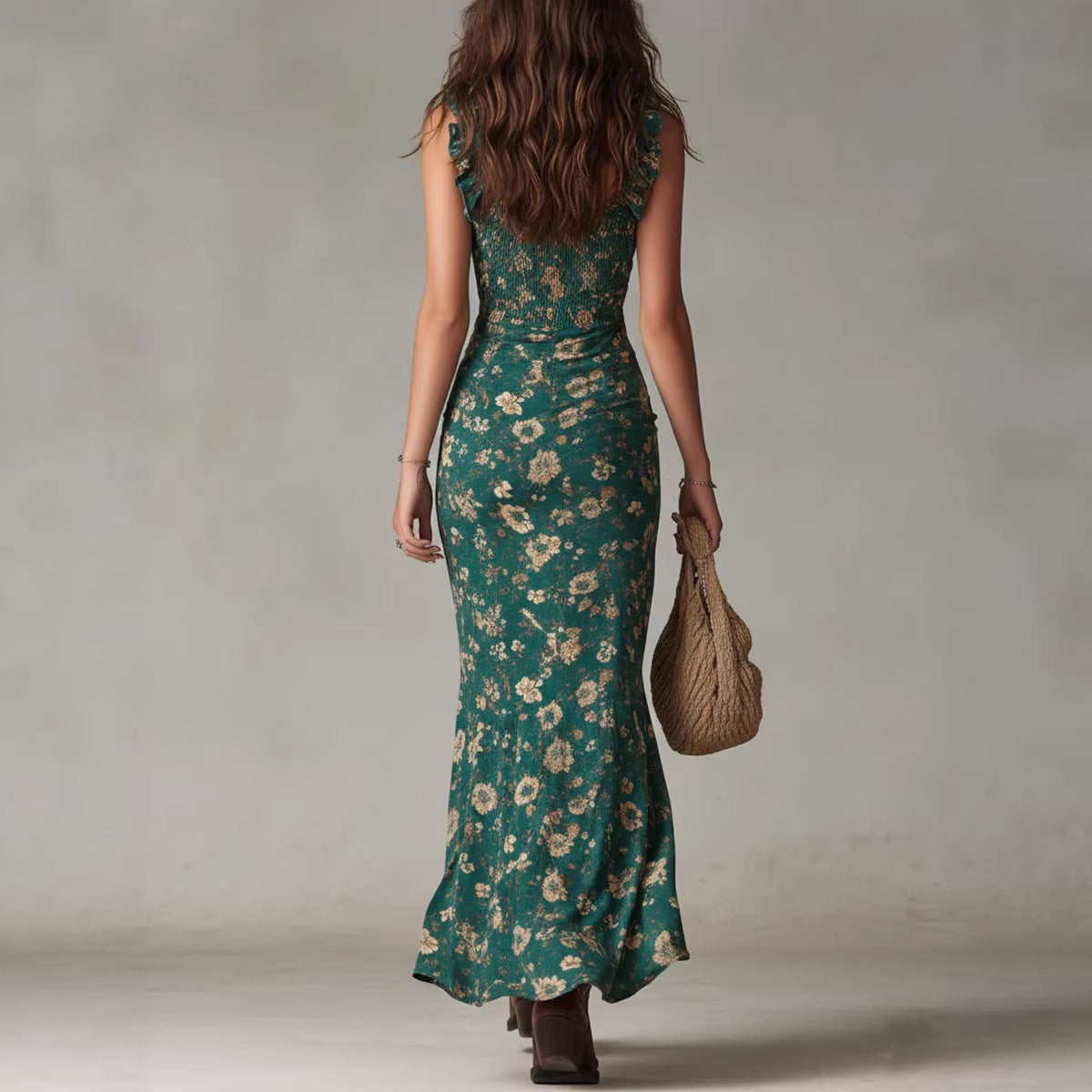 Ruffle Trim Asymmetrical Chiffon Maxi Dress – High Slit & High Waist FitiqueFit