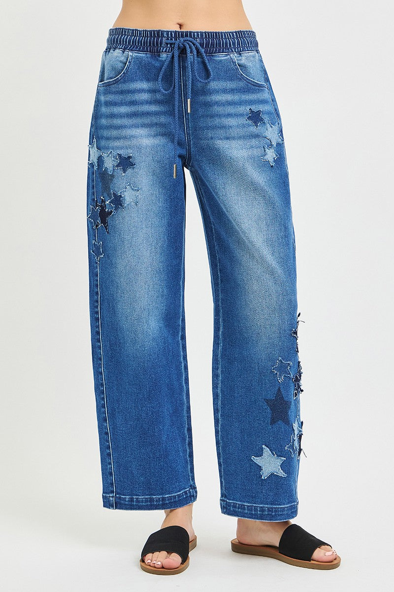 RISEN Elastic Band Slouchy Cropped Barrel with Star Patch New Era Fashion LLc