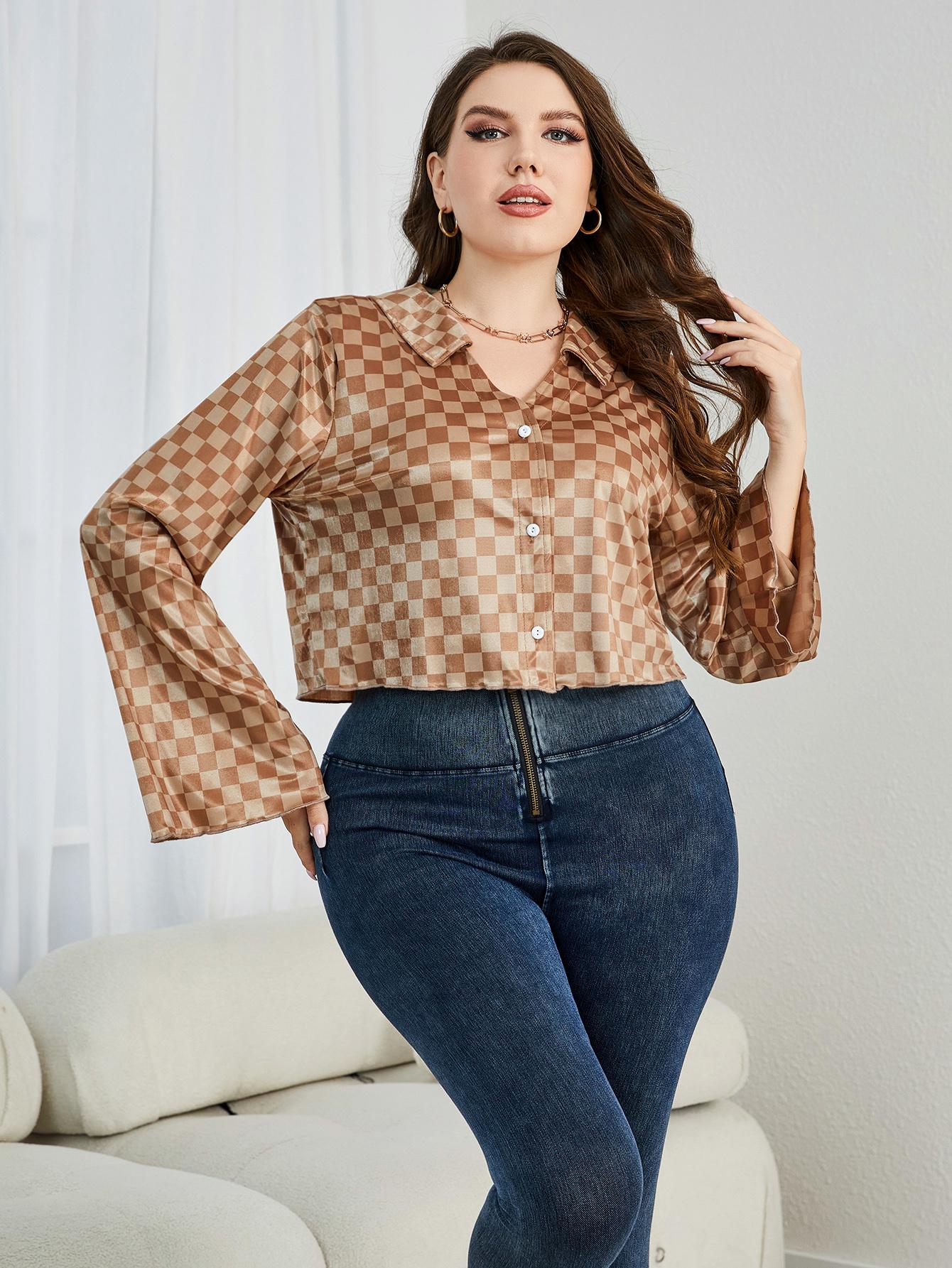 Plus Size Checkered Johnny Collar Flare Sleeve Shirt See size chart under “more details” The Fashion Celestial