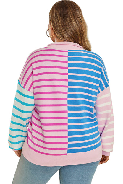 Sky Blue Stripe Colorblock Patchwork Plus Size Half Zip Sweater Garden Naked Curves