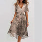 Floral Print A-Line Dress – V-Neck Short Sleeve Midi Dress FitiqueFit