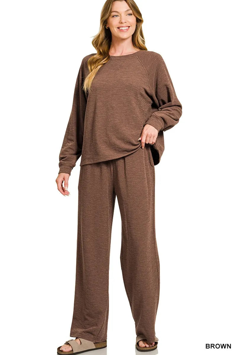 Zenana Slub Long Sleeve Top and Pants Lounge Set West2East Surf