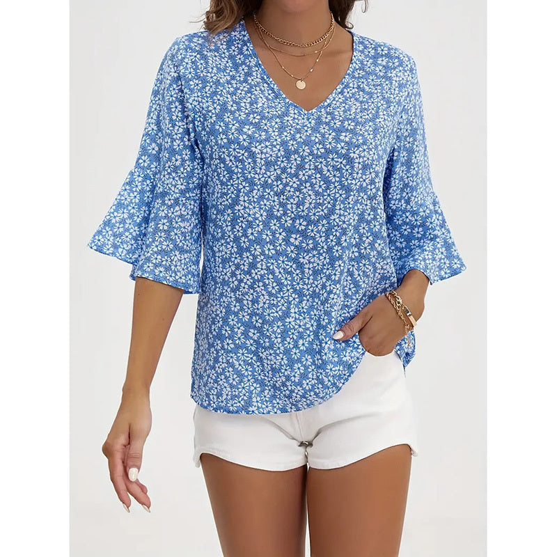 Womens Summer Floral Print Blouses V-Neck Flare Sleeve Tops FitiqueFit