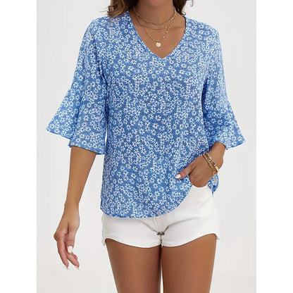 Womens Summer Floral Print Blouses V-Neck Flare Sleeve Tops FitiqueFit