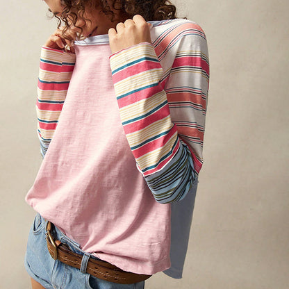 Women's Striped Long Sleeve Top Round Neck Pullover FitiqueFit