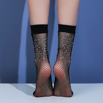 A Pair of Mid-calf Socks with Small Mesh and Rhinestone Decoration NovaCart